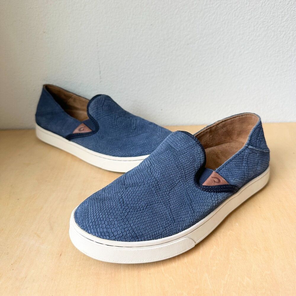 Olukai Women's Pehuea Leather Slip On Shoes Sneaker Convertible Mule Blue Size 7